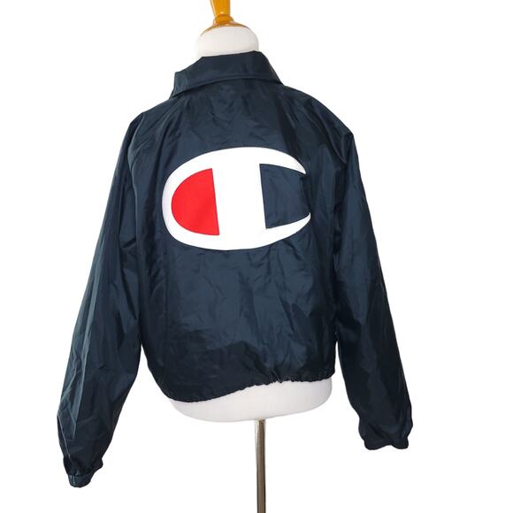 Champion Cropped Coaches Jacket Black Oversize Logo Snap Front Women Large - Picture 1 of 12